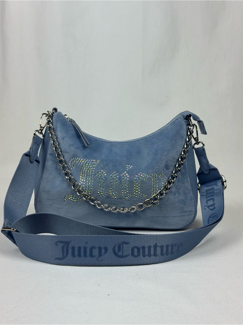 Y2K Juicy Couture Light Blue Rhinestone Logo Shoulder Bag with Chain